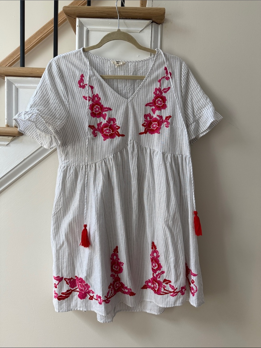 entro White Striped Dress with Pink Floral Embroidery